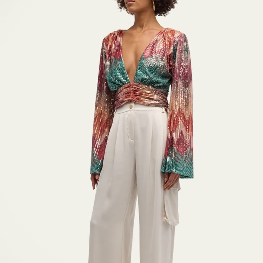 Ramy Brook Vibrant Ruched V-Neck Blouse size 2 NWT $350 MRP